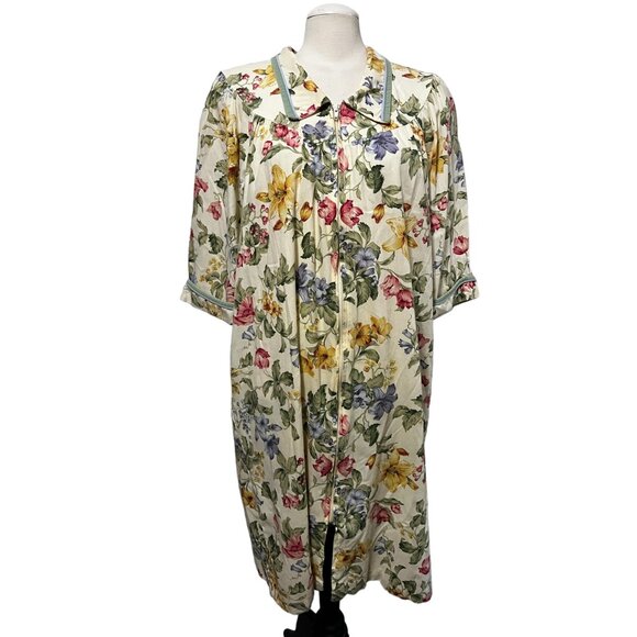 Vintage Smart Time Floral Zip Front Night Gown Robe Sz Large Womens Collared Bei - Picture 8 of 12